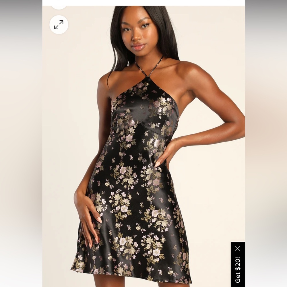 BNWT Lulu’s Dream material, black floral satin Jacquard halter mini dress